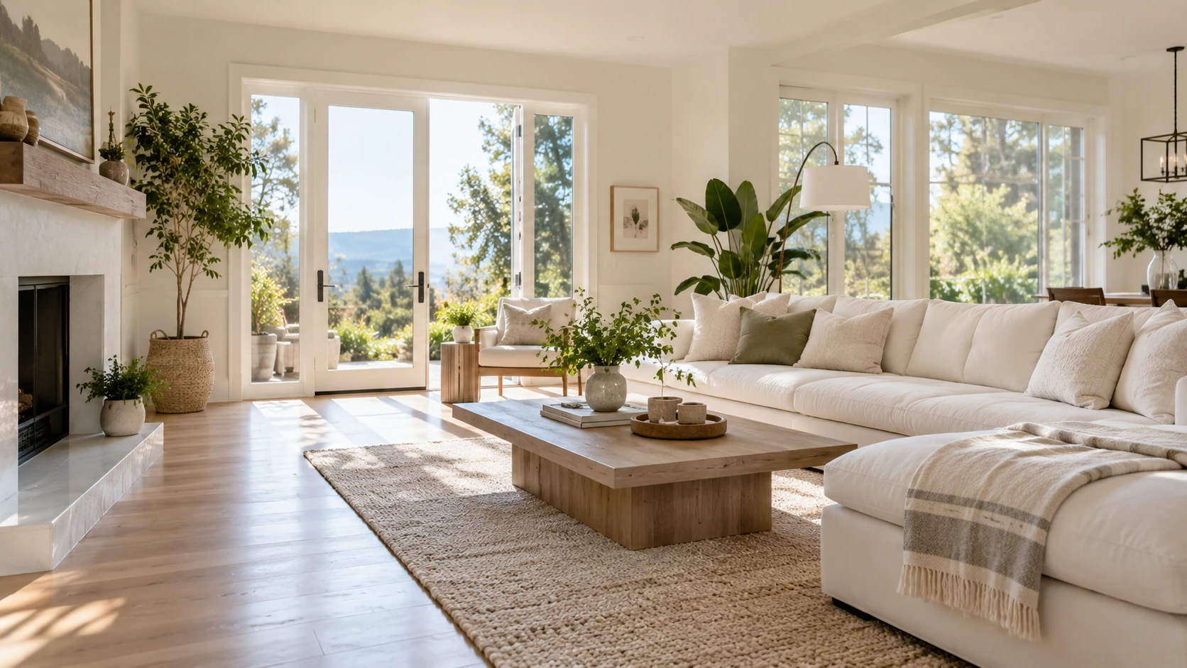 A sunlit living room with comfortable furnishings and a clean wood floor